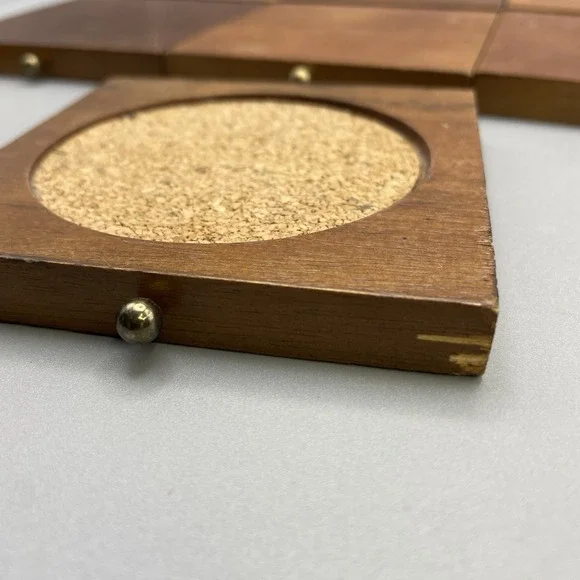 VTG (2) 70's Wine Press Wood And Cork Coaster Set Cork Screw Vice MCM Table Top - Picture 9 of 9